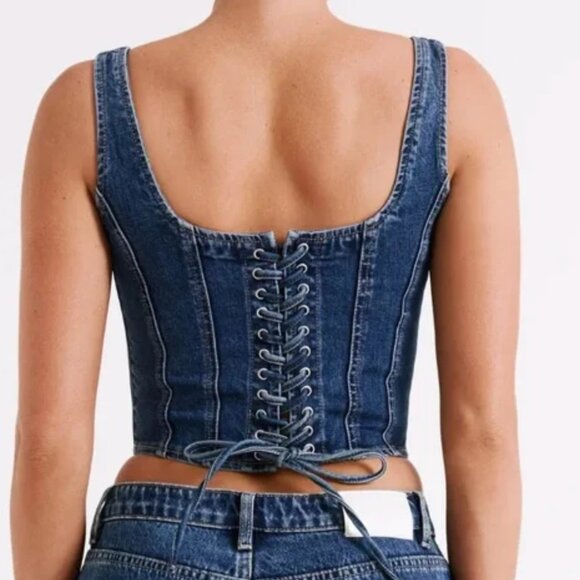 MESHKI BIANCA Denim Lace Up Corset - Dark Blue Brand new XXS - Picture 2 of 7